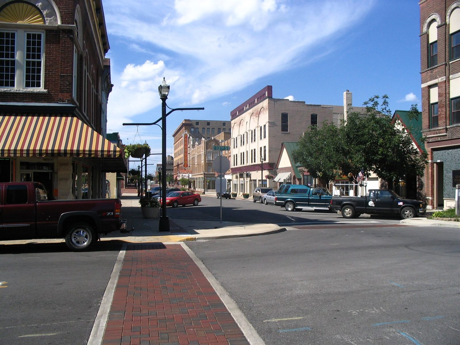 Historic brick storefronts along Meridian Street in downtown Anderson, Indiana