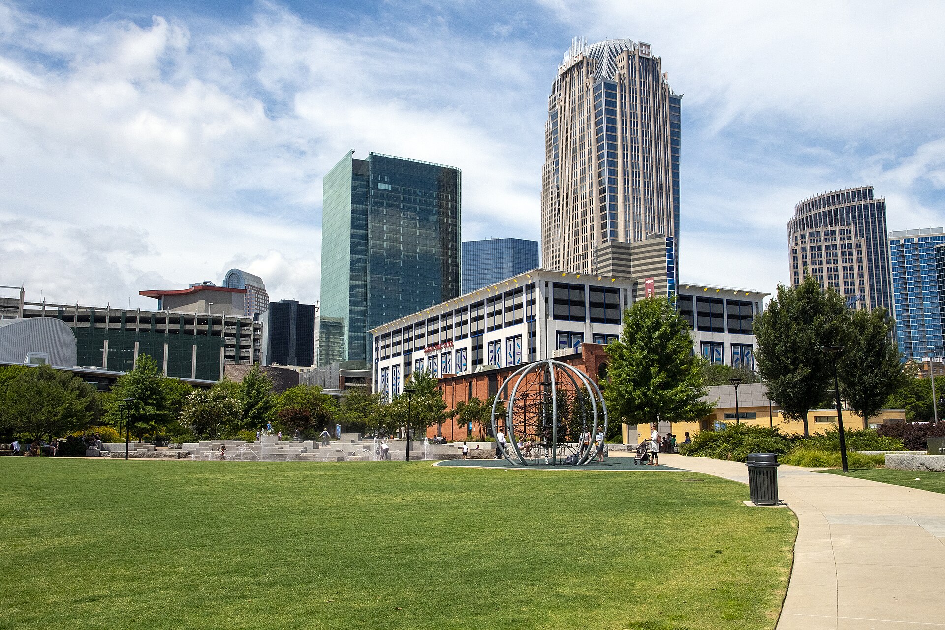 Uptown Charlotte skyline seen from a park on a sunny day