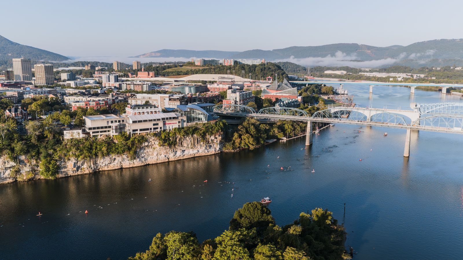 Aerial view of downtown Chattanooga, Tennessee with the Walnut Street Bridge over the Tennessee River
