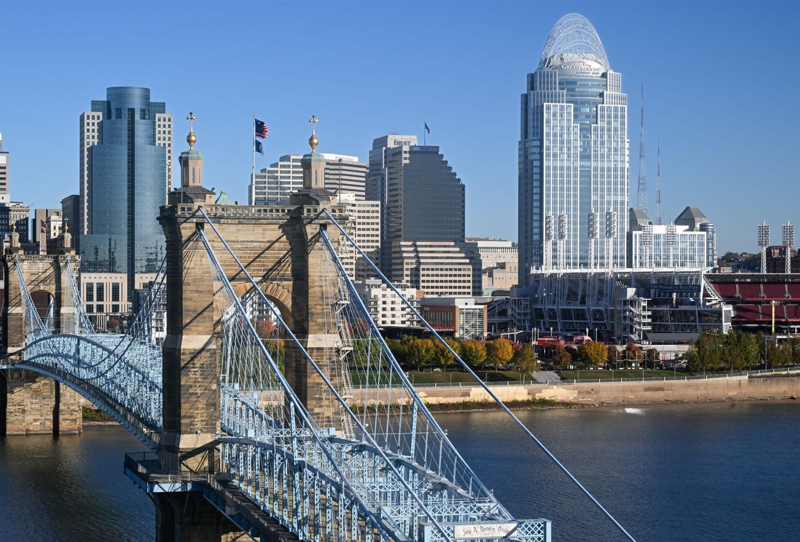 Cincinnati skyline and Paycor Stadium under a partly cloudy sky