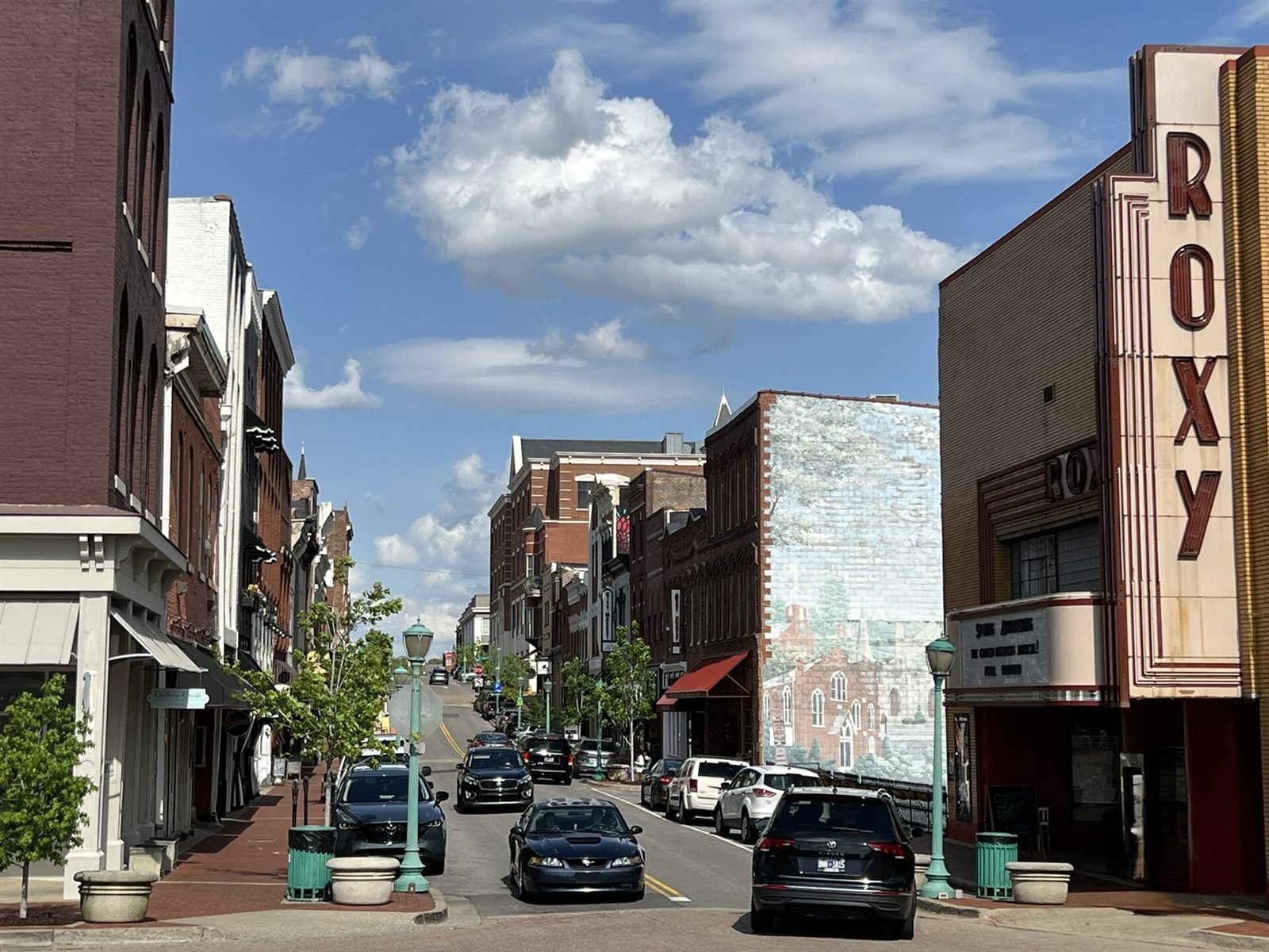 Historic Franklin Street in downtown Clarksville, Tennessee with the Roxy Theatre marquee