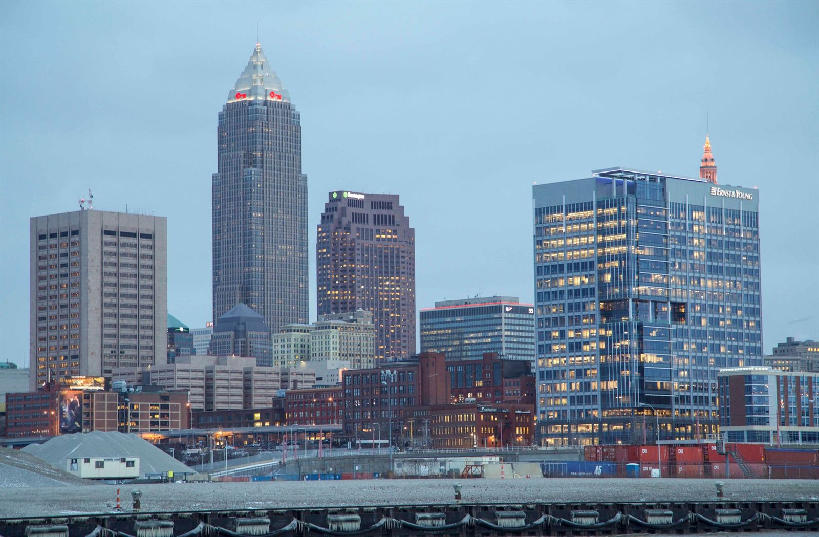 Downtown Cleveland skyline with Key Tower and Terminal Tower at dusk