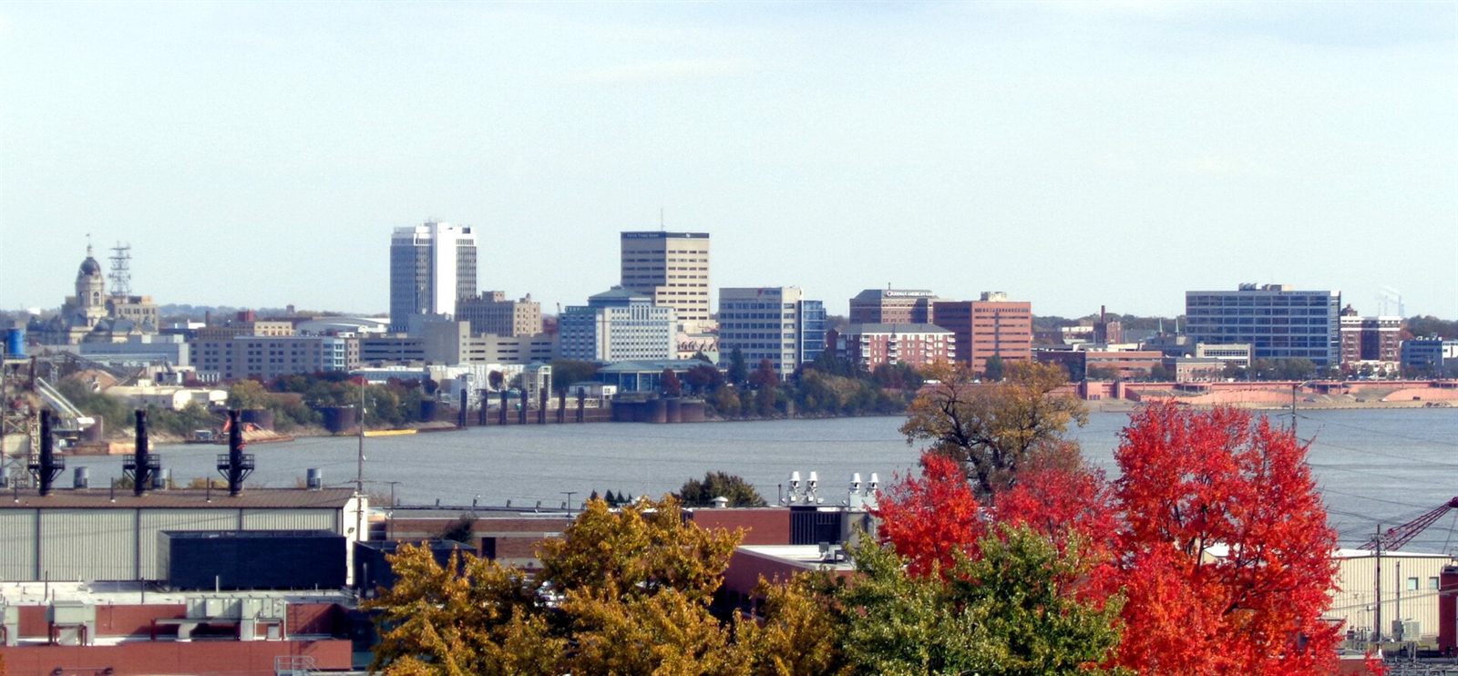 Downtown Evansville, Indiana skyline along the Ohio River with the Old Courthouse dome