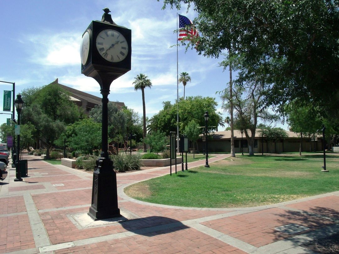 Murphy Park and its landmark clock in downtown Glendale, Arizona