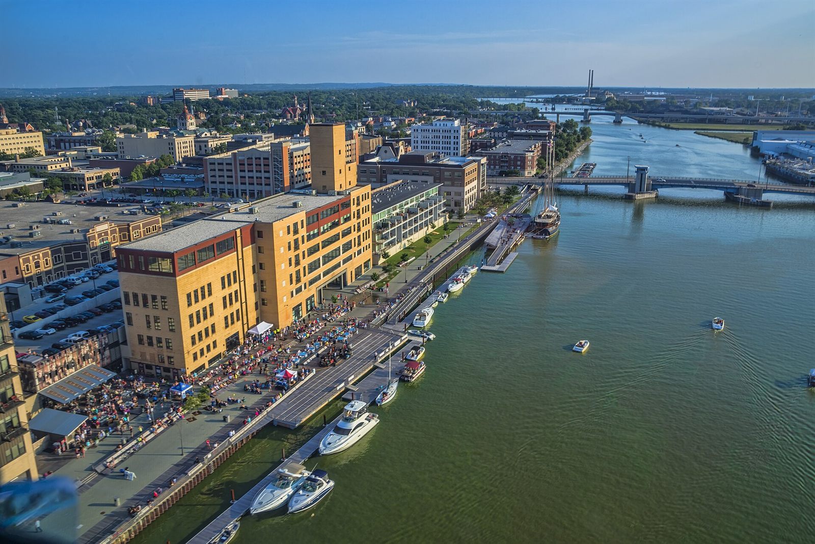 Aerial view of downtown Green Bay, Wisconsin and the CityDeck along the Fox River