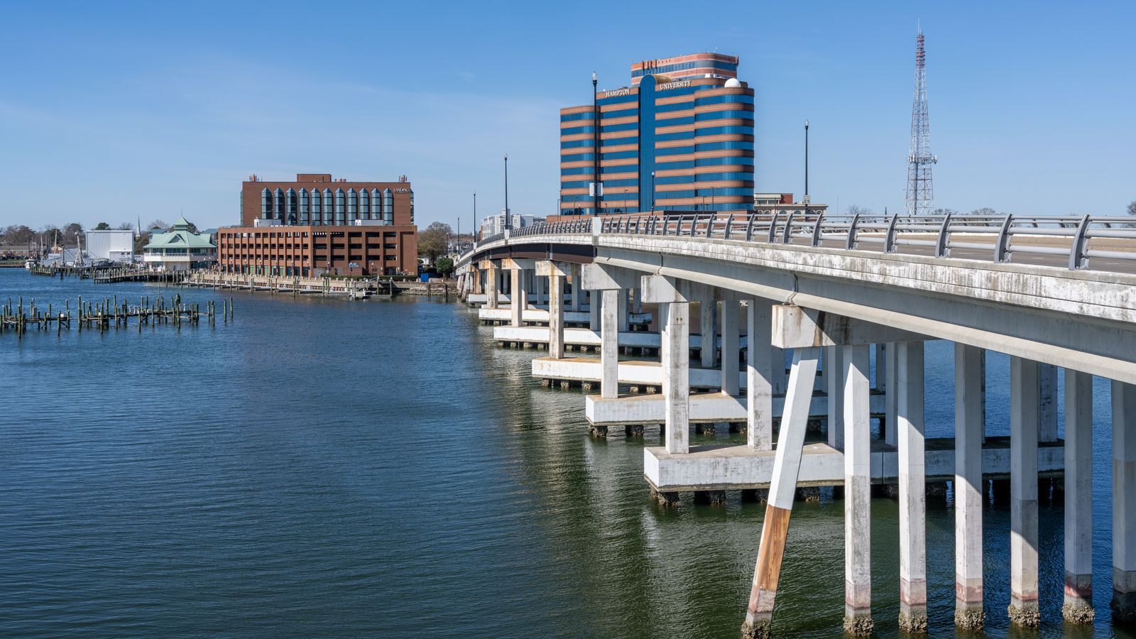Downtown Hampton, Virginia waterfront with the Settlers Landing bridge over the Hampton River