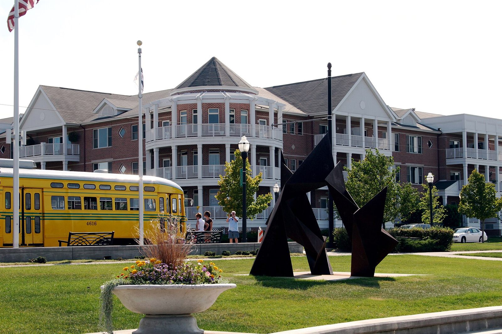 HarborPark waterfront district in Kenosha, Wisconsin with its historic yellow streetcar