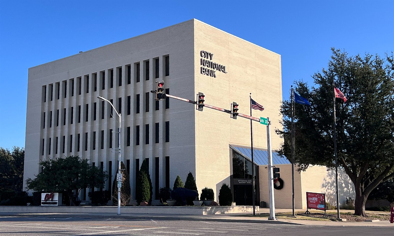 The City National Bank building in downtown Lawton, Oklahoma on a clear day