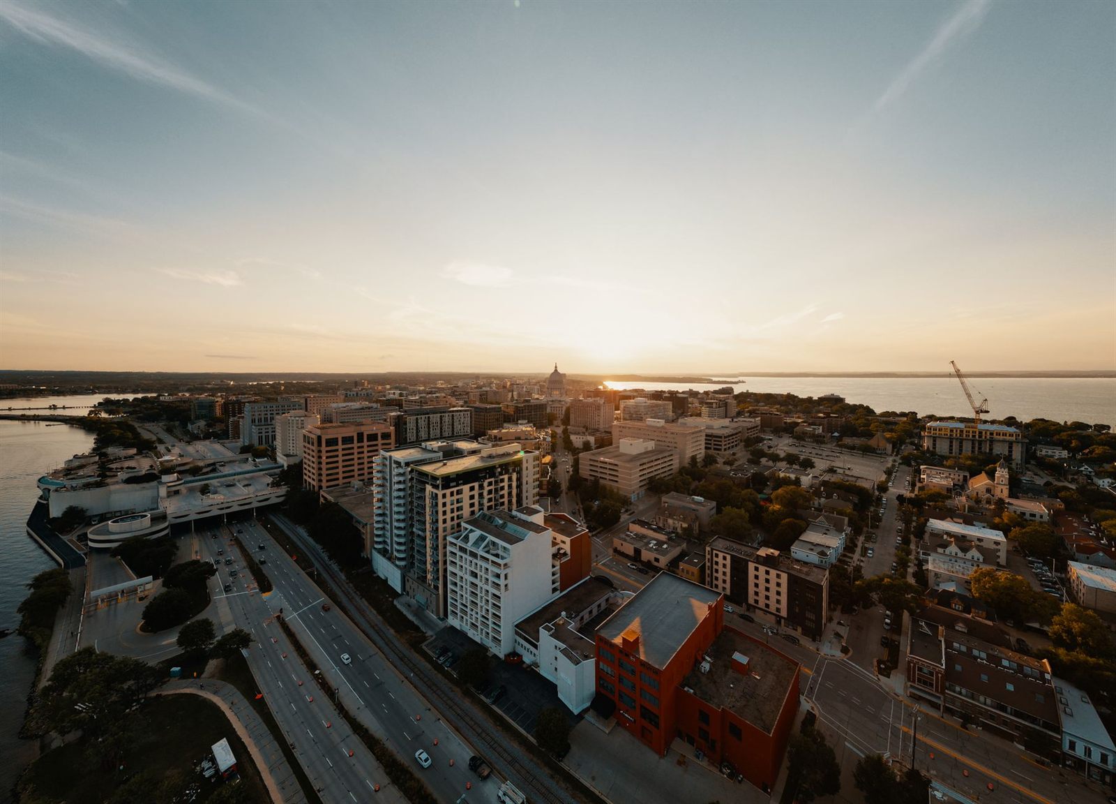 Aerial view of the Madison isthmus with the Wisconsin State Capitol between the lakes