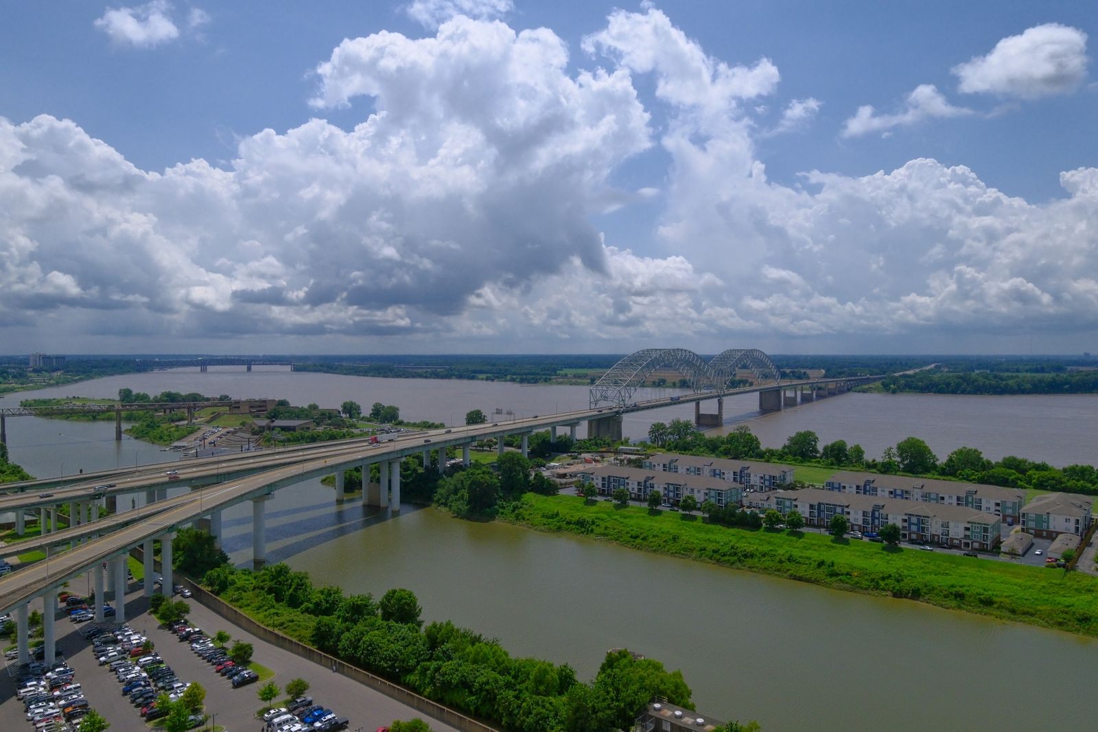 Aerial view of the Hernando de Soto Bridge crossing the Mississippi River in Memphis, Tennessee
