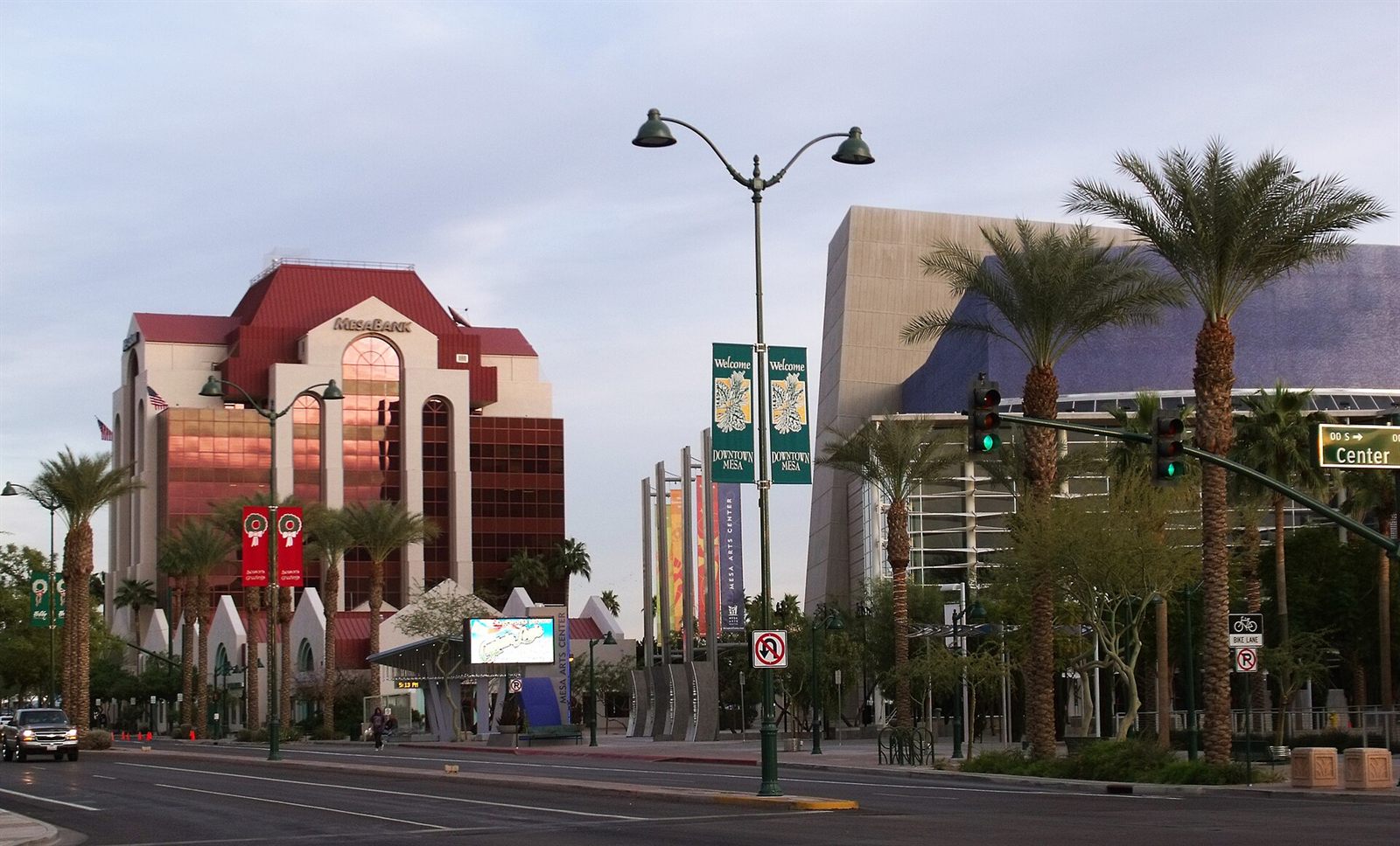Palm-lined Main Street in downtown Mesa, Arizona with the Mesa Arts Center
