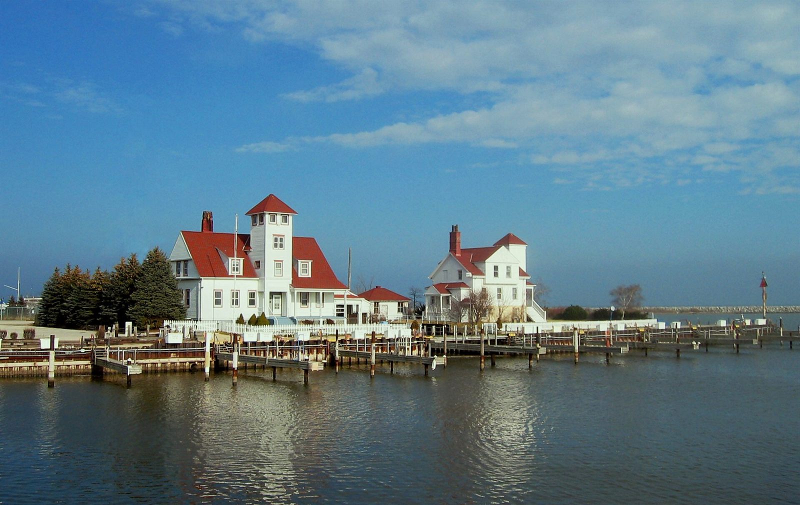 Historic Racine Harbor Lighthouse and lifesaving station on the Racine, Wisconsin waterfront
