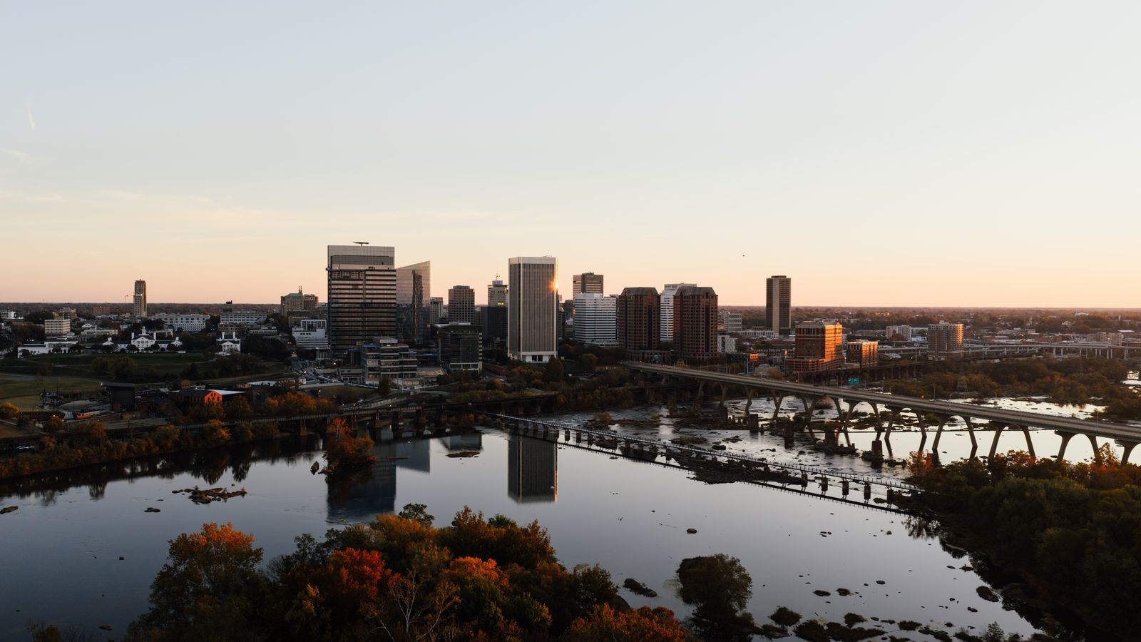 Downtown Richmond, Virginia skyline over the James River at sunset