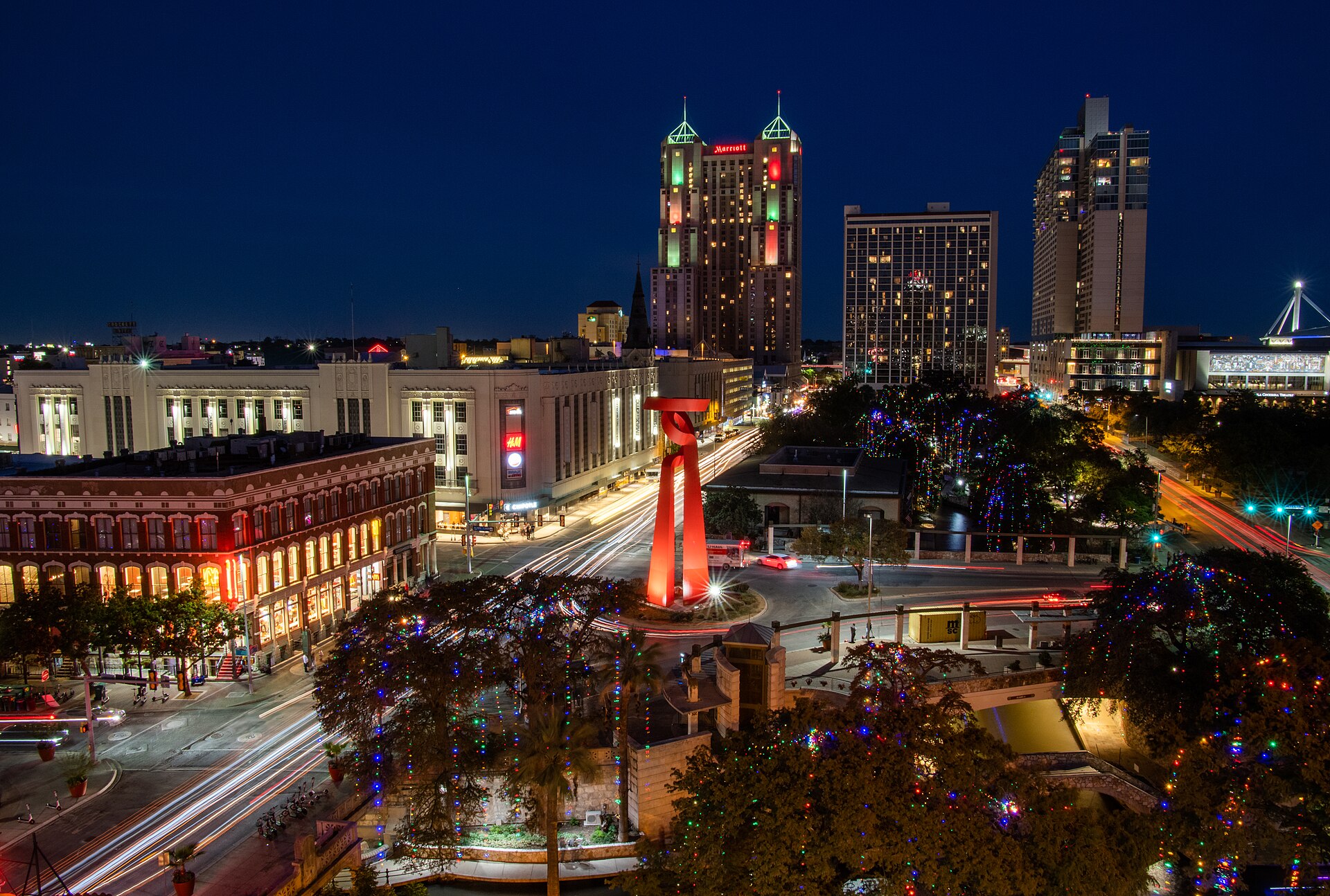 Downtown San Antonio at night with the Torch of Friendship