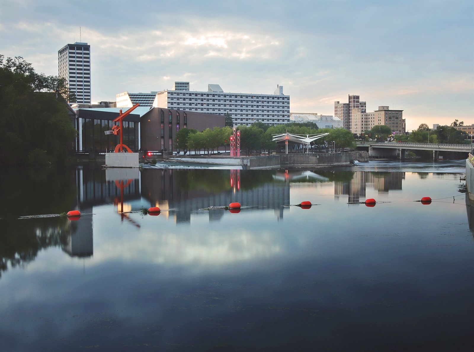 Downtown South Bend, Indiana skyline reflected in the St. Joseph River