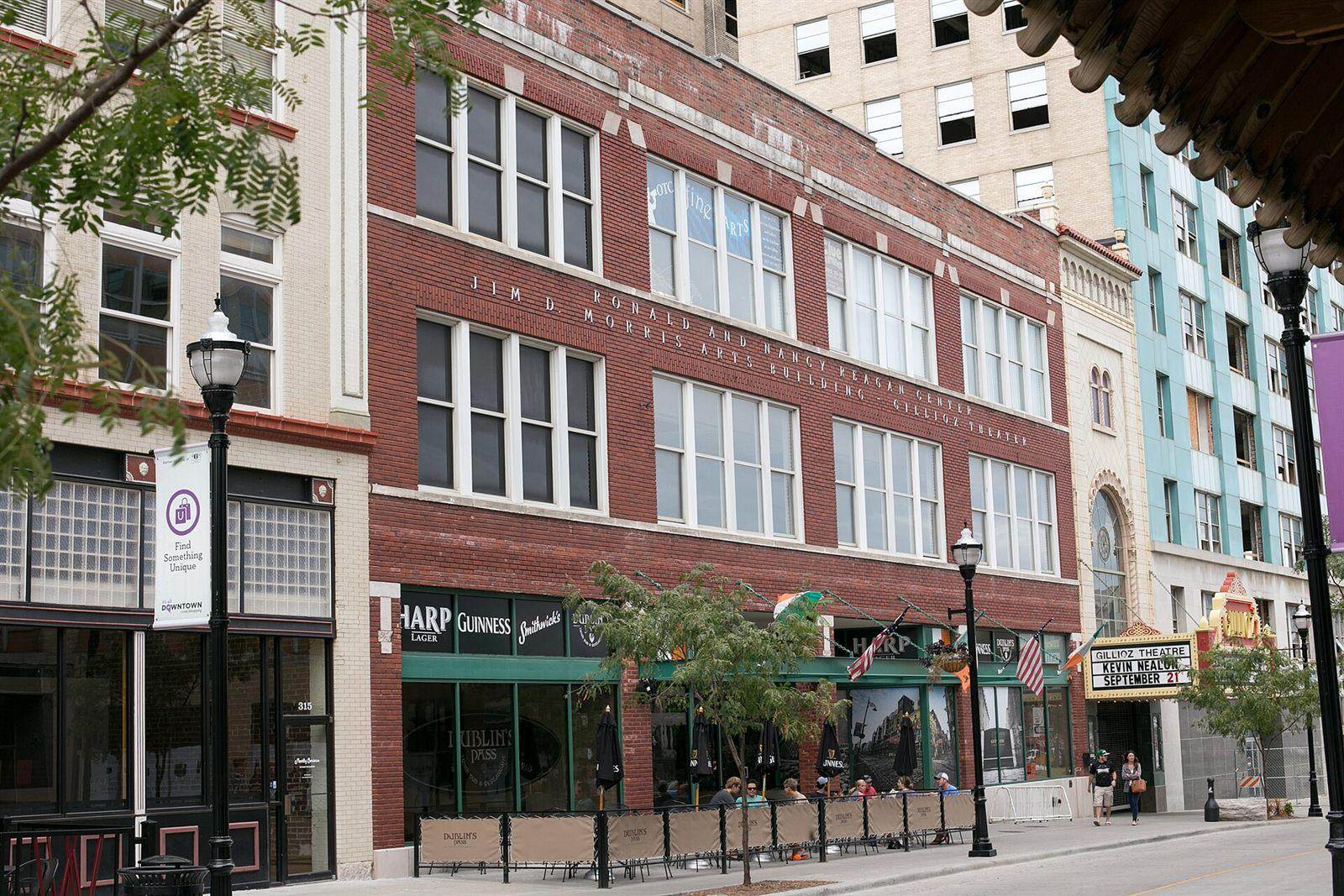 Historic brick buildings and the Gillioz Theatre near Park Central Square in downtown Springfield, Missouri