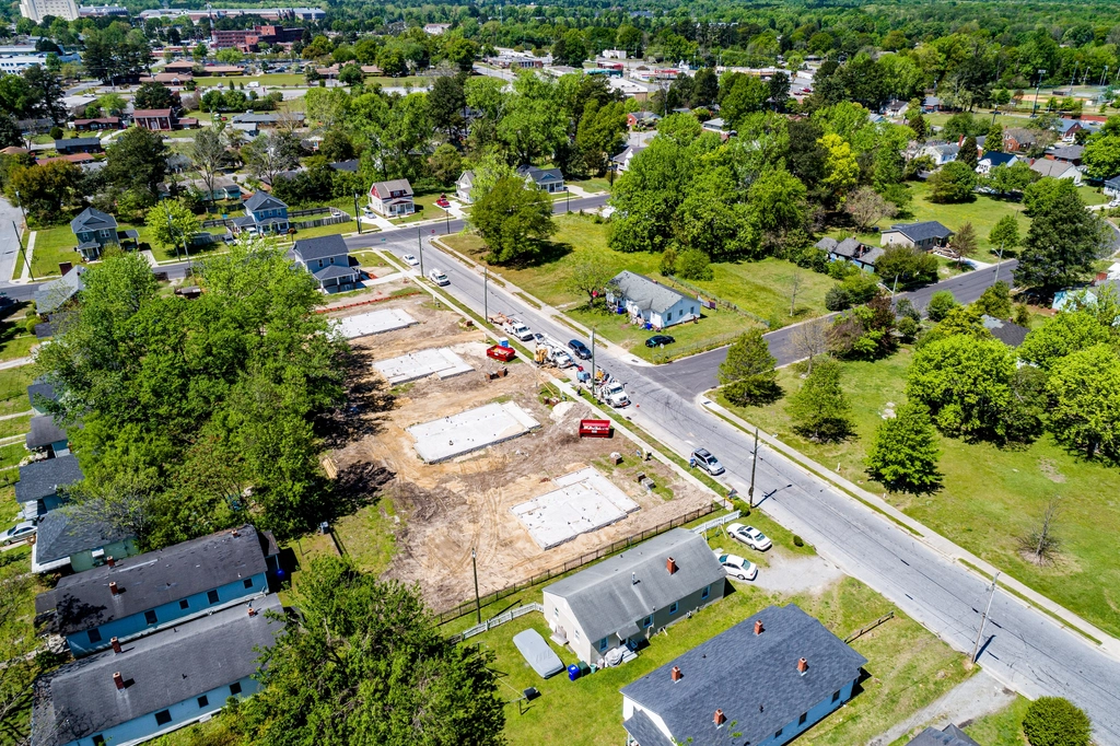 Aerial view of an American neighborhood with older homes and new construction