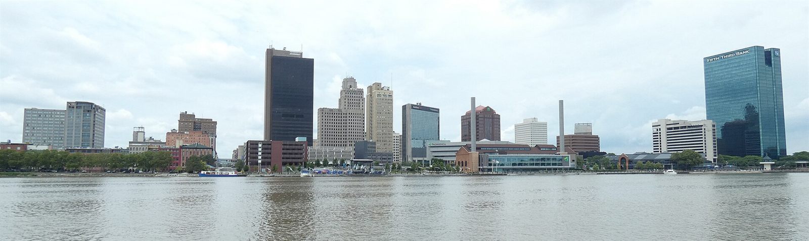 Downtown Toledo, Ohio skyline along the Maumee River on a summer day