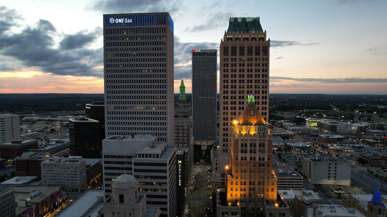 Downtown Tulsa, Oklahoma skyline at twilight with its historic art deco towers