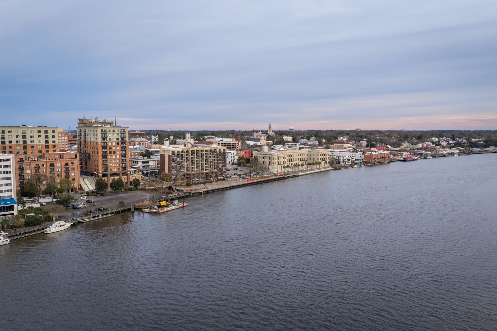 Aerial view of the downtown Wilmington, NC riverfront on the Cape Fear River